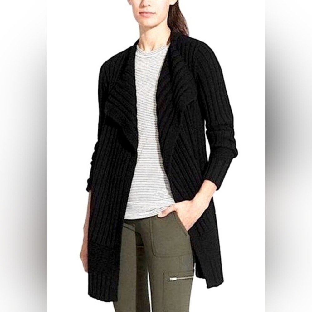 Athleta Sweater Wildwood Black Merino Wool Ribbed Long Sleeve Cardigan S…